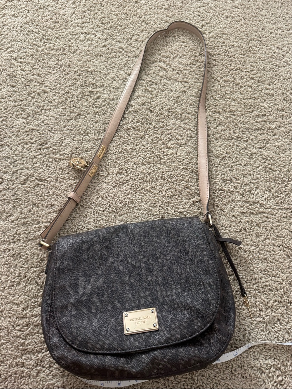 Michael Kors Dark Brown Monogram Crossbody with Tan Strap